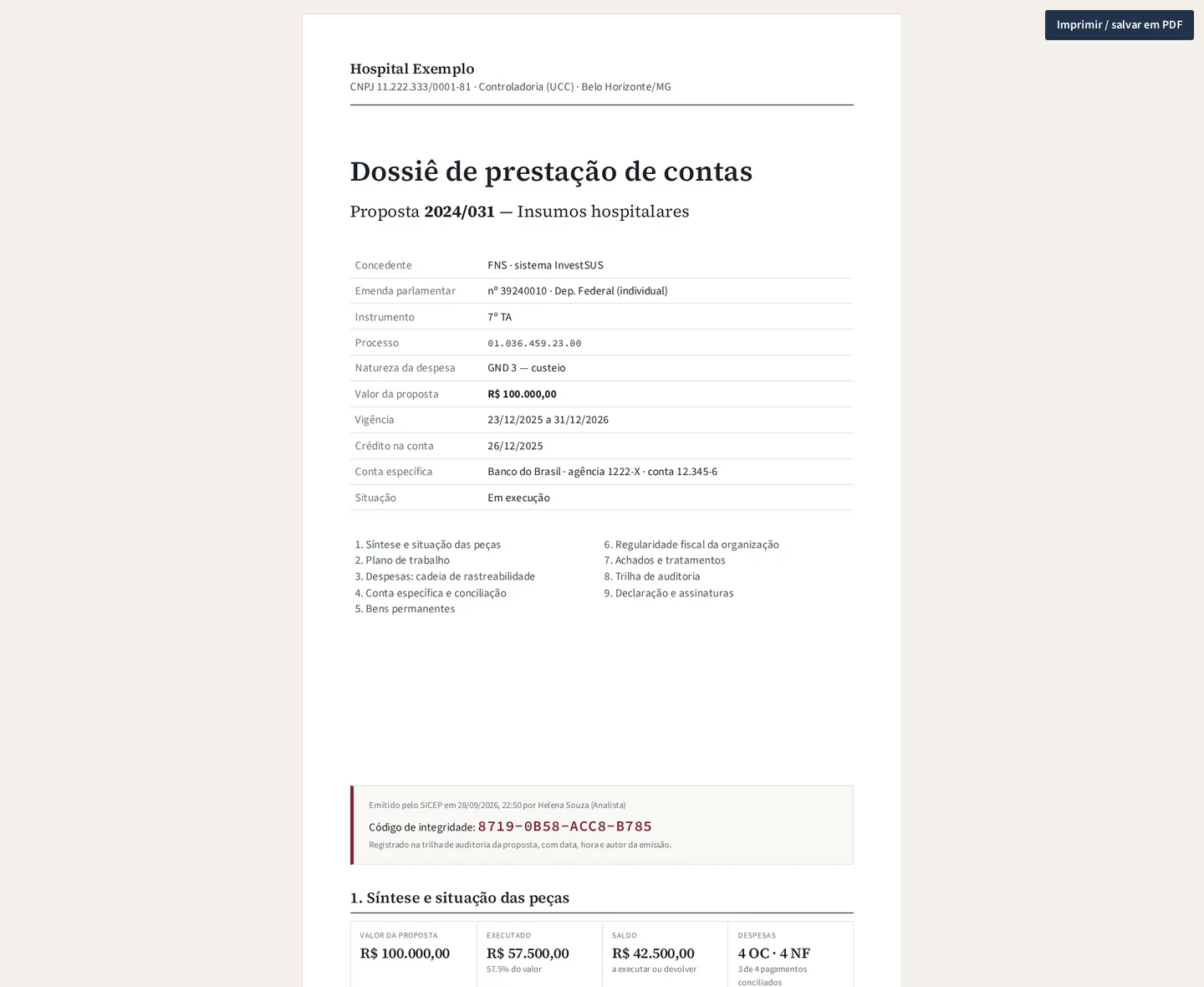 Capa do dossiê de prestação de contas gerado pelo SICEP, com a ficha do instrumento e o código de integridade.